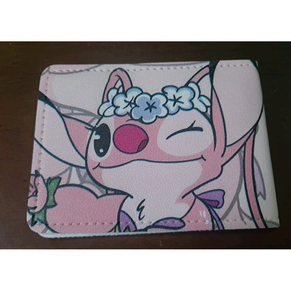 New Angel Lilo & Stitch Bi-Fold Card Or ID Holder Pink‎ Faux Leather